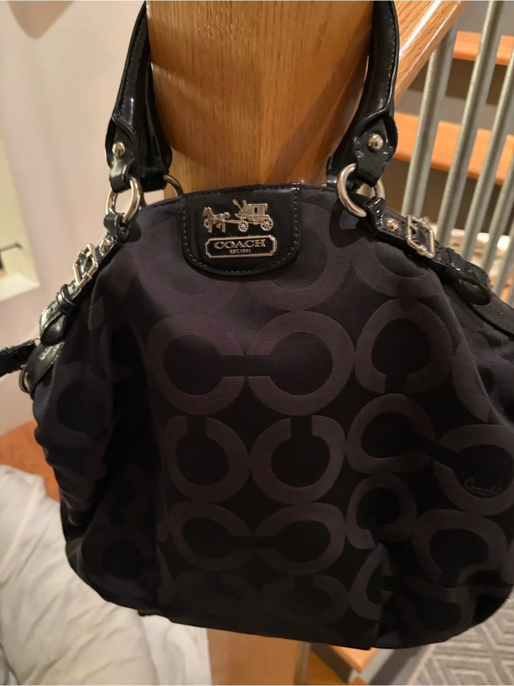 Coach Black and Charcoal Signature Satchel with Leather Trim.